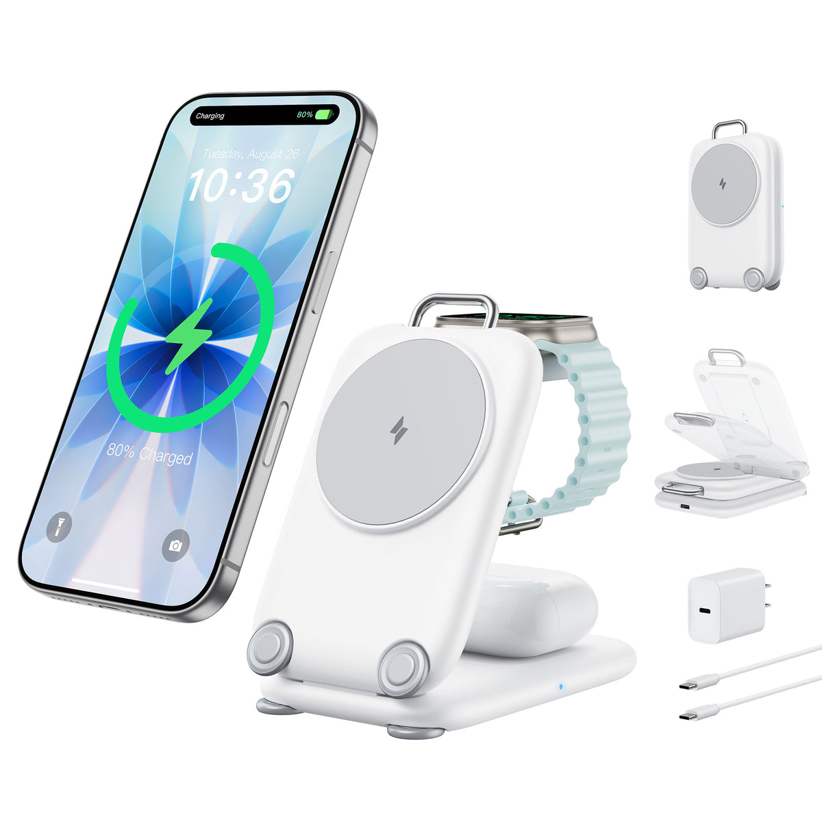 Mukiya Suitcase 3-in-1 Foldable Magnetic Wireless Charger | Travel Charging Station