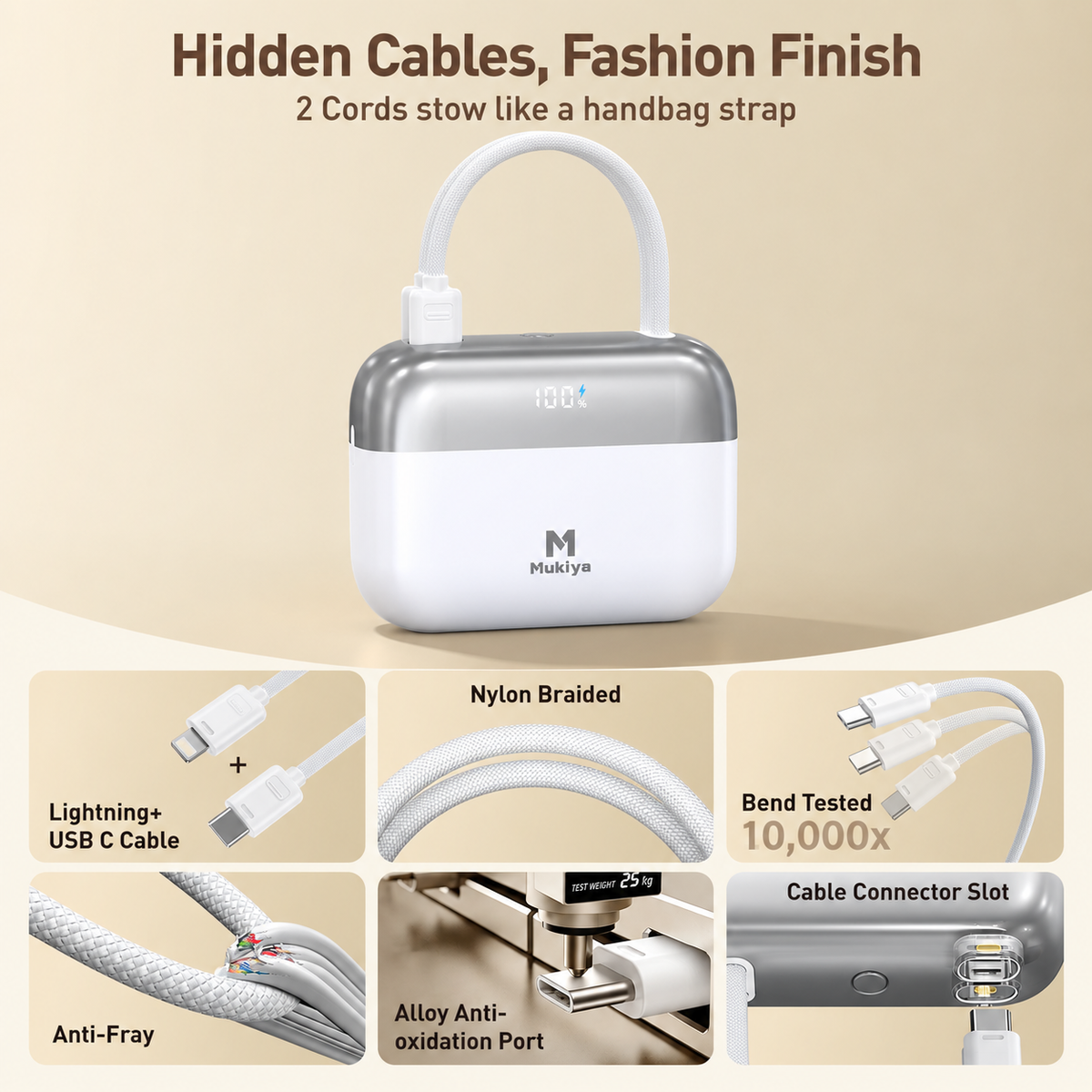 Mukiya Handbag Dual-Cable Power Bank | 10,000mAh 30W Fast Charging