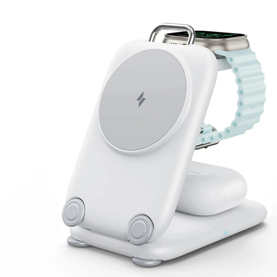 Mukiya 3-in-1 MagSafe Wireless Charging Station in Minimalist White - Sleek Desktop Stand for iPhone and Apple Watch