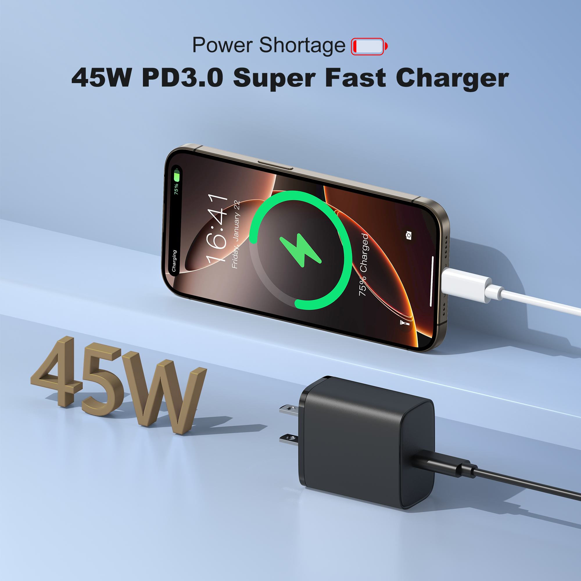 High-Performance PD 3.0 45W Power Adapter in Matte Black for Rapid Laptop and Mobile Charging